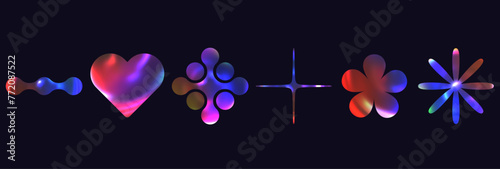 Color set of shapes u2k, star, flower, heart. Liquid aesthetic gradient objects, cosmic galactic collection.