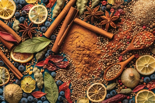 Spices and seasonings on a blue table background. Food ingredients. Top view photo
