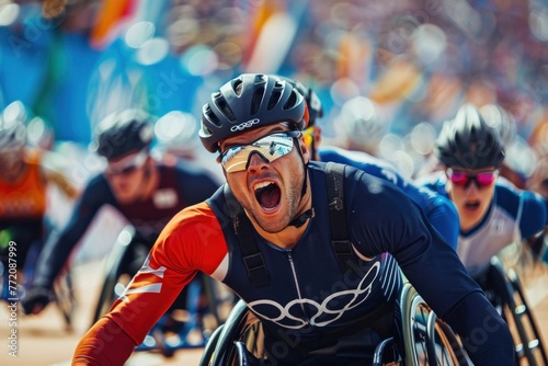 Determined male wheelchair racer competing in a race at the stadium during the day