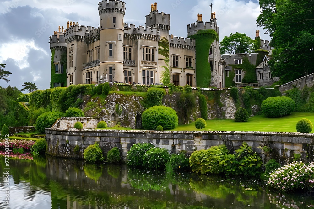 : A majestic castle on a hill surrounded by a moat and a lush garden