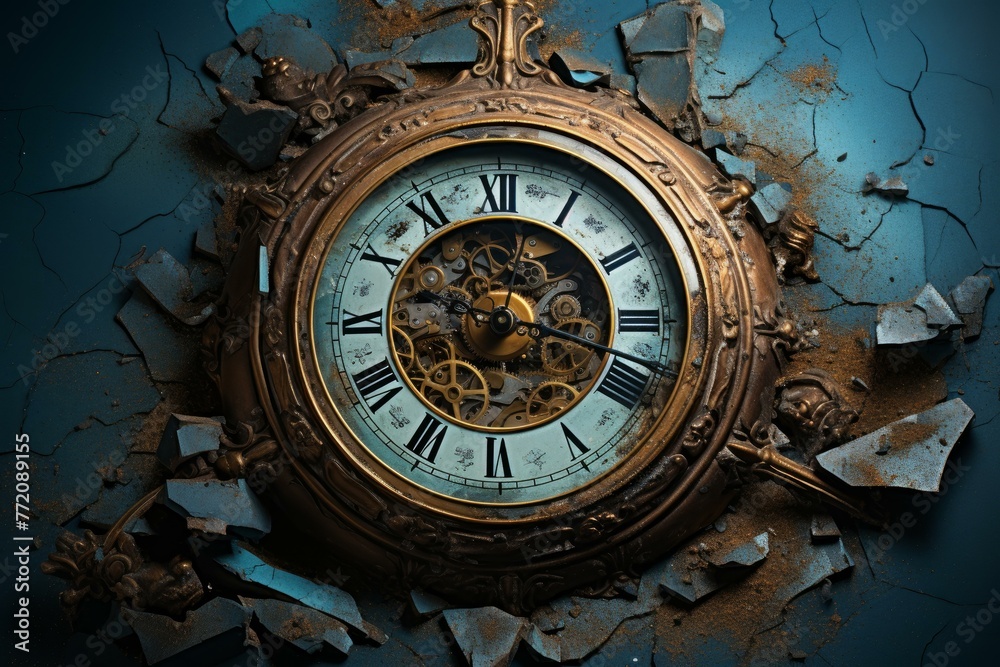 Fototapeta premium Deteriorated Old broken clock. Dark watch fabric. Generate AI