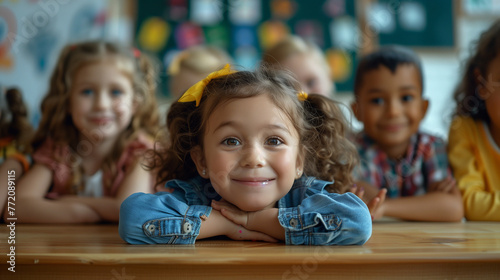 A diverse group of adorable kindergarten children in the classroom come together for creative activities and games