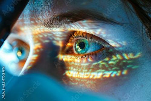 Close-up eyes seen through the eyepiece of a genetic sequencer microscope, reflecting the intricate patterns of DNA sequencing