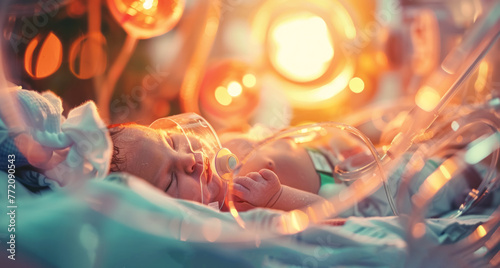 Newborn infant resting in a hospital incubator under the warm light, with medical equipment monitoring vital signs