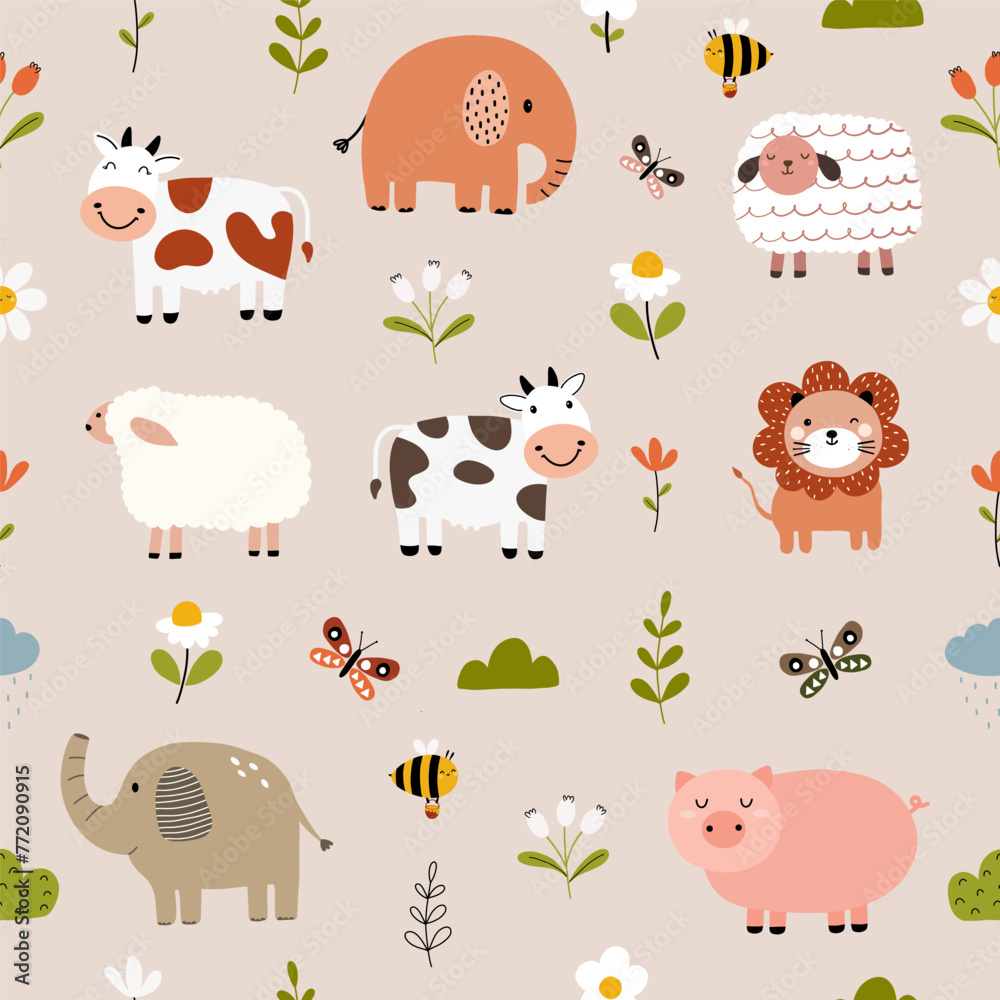 Seamless pattern with cute animals and flowers for your fabric, children textile, apparel, nursery decoration, gift wrap paper, baby's shirt. Vector illustration Seamless pattern with cute animals and flowers for your fabric, children textile, apparel, nursery decoration, gift wrap paper, baby's shirt. Vector illustration