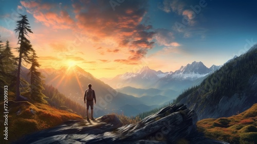 A man is standing on a mountain top  looking out at the beautiful sunset
