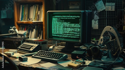 Old-fashioned computer with green text on screen, surrounded by cluttered desk with papers, keyboard, headphones, and a desk fan. Vintage technology feel. photo