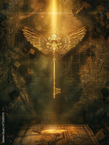 Golden key with wings hovering over an ancient map, soft beam of light, treasure hunt vibe , clean sharp photo