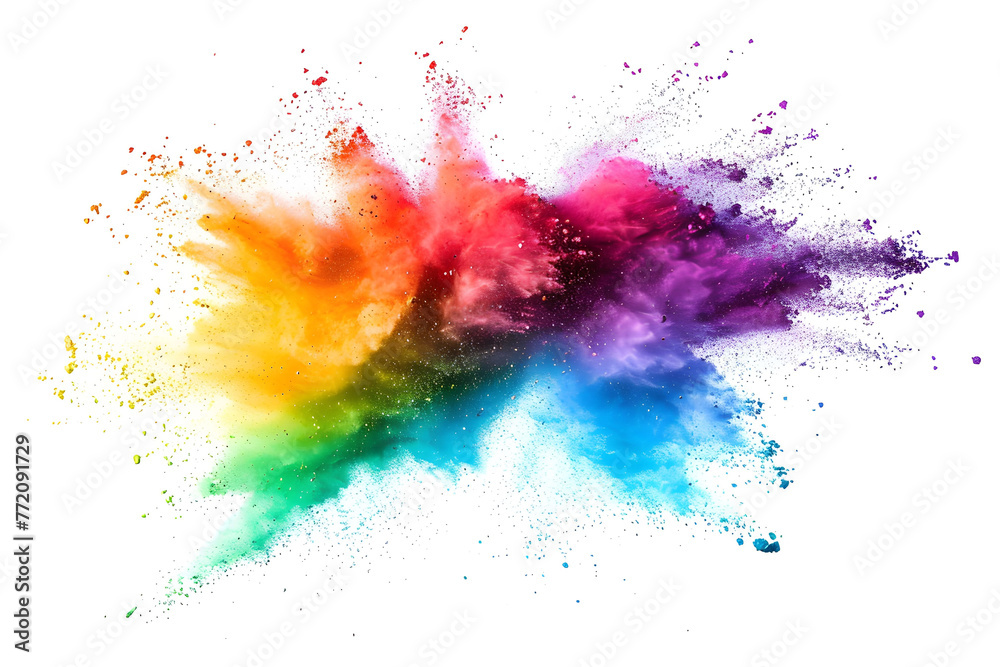 Colorful powder explosion isolated on a white background, rainbow colored powder splashing in the air. Vibrant background with copy space, a flat lay banner design.