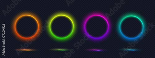 Neon gradient ring collection. Isolated abstract illuminate frame. Vibrant color circle border in futuristic style. Glowing neon lighting isolated on dark background