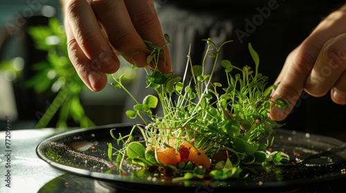 Hands delicately garnishing a dish with fresh microgreens on a black plate, in a kitchen setting with natural light highlighting the vibrant greenery
