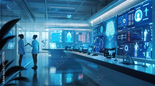 Two professionals discussing in a high-tech control room with futuristic screens displaying data and medical diagnostics.
