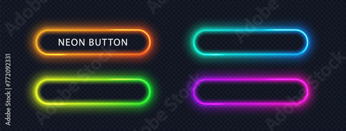 Vibrant color button isolated on dark. Abstract color gradient neo frame with copy space. Soft neon light vector shapes