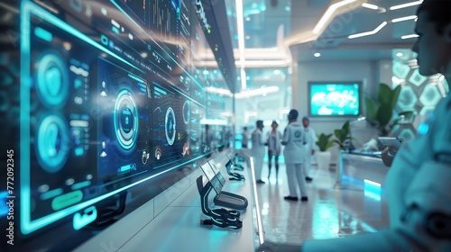 Futuristic laboratory with advanced interface screens, robotic arm, and scientists analyzing data in a high-tech, clean, and bright environment.