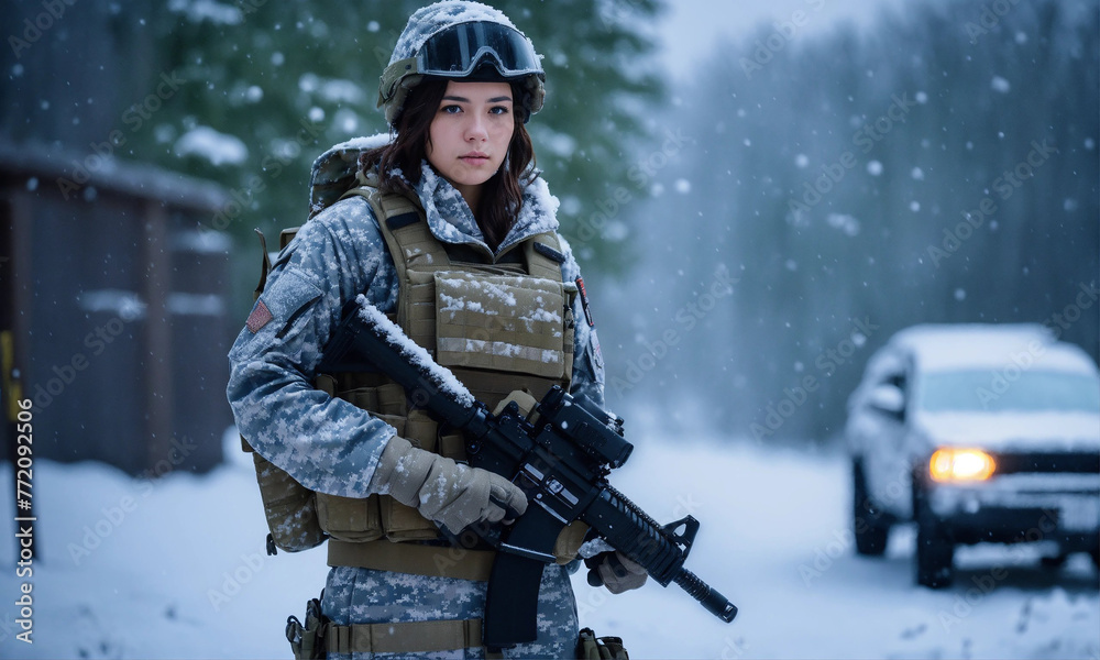 A beautiful soldier girl In A Snow