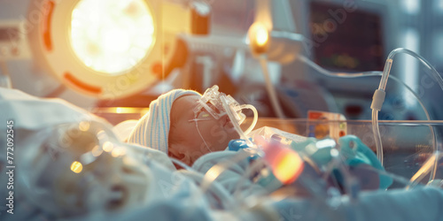 Premature infant receiving neonatal care in an incubator, backlit by the warm glow of hospital lights