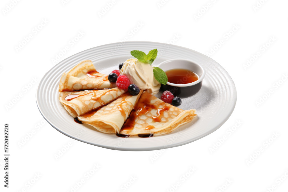Crepe with fresh berries,whipped cream and syrup on plate isolated on transparent background,famous french dessert. Crepe with fresh berries,whipped cream and syrup on plate isolated on transparent background,famous french dessert.