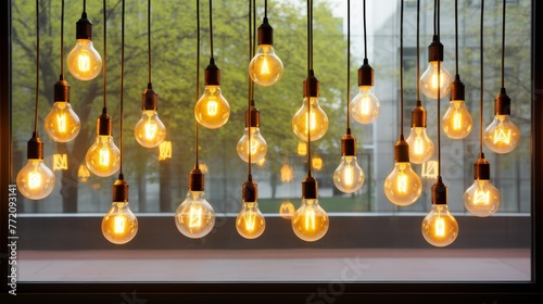 Display with many light bulbs hanging from a window photo