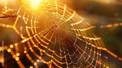 A spider web is shown in a blurry, orange light. The web is full of small, round, yellow dots © Sodapeaw