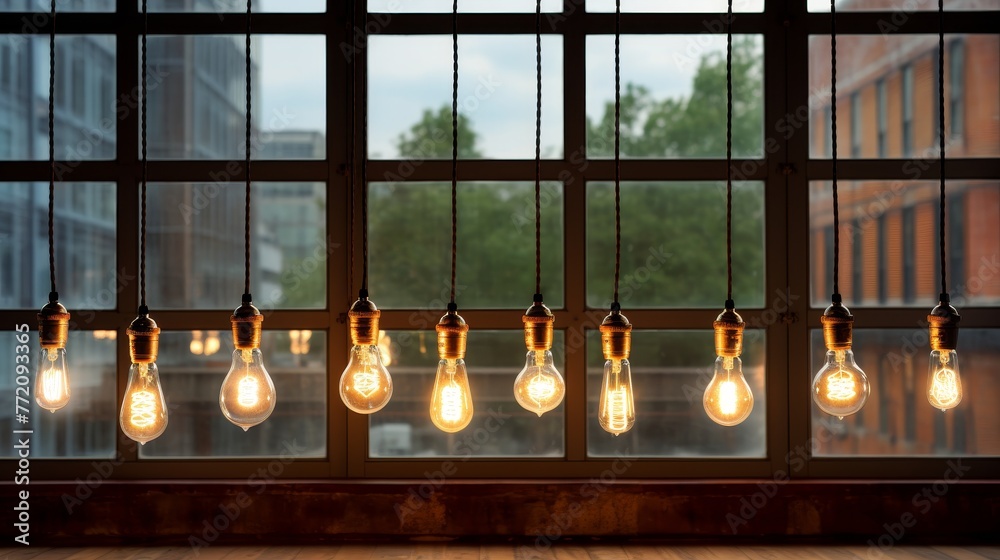 Naklejka premium Display with many light bulbs hanging from a window