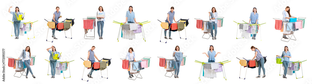 Collage of young woman with clean clothes on dryer against white background Collage of young woman with clean clothes on dryer against white background