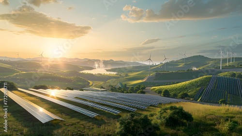 Harmonious blend of nature and technology unveils the boundless potential of renewable energy sources with sleek array of solar panels stretches towards the horizon