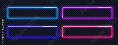 Neon rectangle colored frame. Neon lights horizontal sign. Geometric glow shape with copy space.