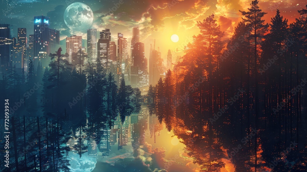 A city and forest scene with a large moon in the sky. The city is reflected in the water, creating a serene and peaceful atmosphere