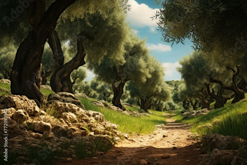 Productive Olives trees farm. Nature grove. Generate Ai © juliars