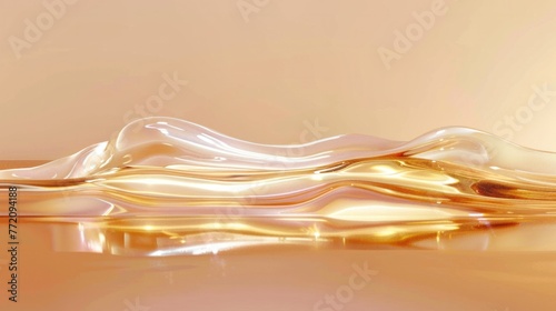 Abstract golden fluid shapes with reflective surface creating a smooth, rippling, and luxurious visual texture on a light background.