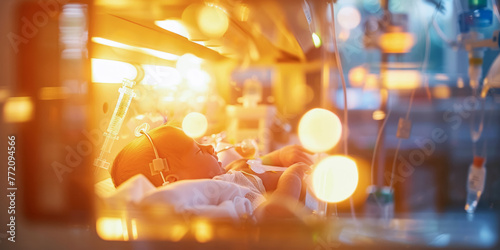Newborn baby in a neonatal intensive care unit bathed in the warm light, surrounded by medical equipment essential for care and recovery photo