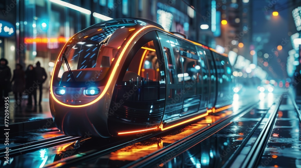 Fototapeta premium A futuristic train with neon lights on it is traveling down a track. The train is surrounded by a city at night, with people walking on the sidewalks. Scene is futuristic and urban