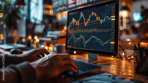 A person is typing on a computer monitor that displays a graph. The graph shows a fluctuation in the stock market. The person appears to be focused on the screen