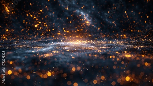 A dark blue background with a lot of orange and yellow sparkles. The sparkles are scattered all over the background, creating a sense of movement and energy. Scene is dynamic and lively