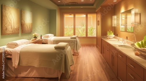 Tranquil spa room with twin massage beds  calming lighting  wooden floors  and a peaceful ambiance for relaxation and therapy.