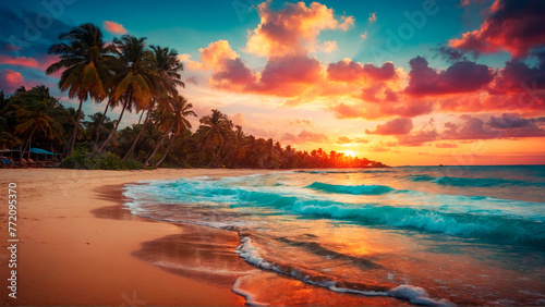 Luxurious Beach Getaway: Palm Trees Swaying on a Pristine Tropical Beach at Sunset