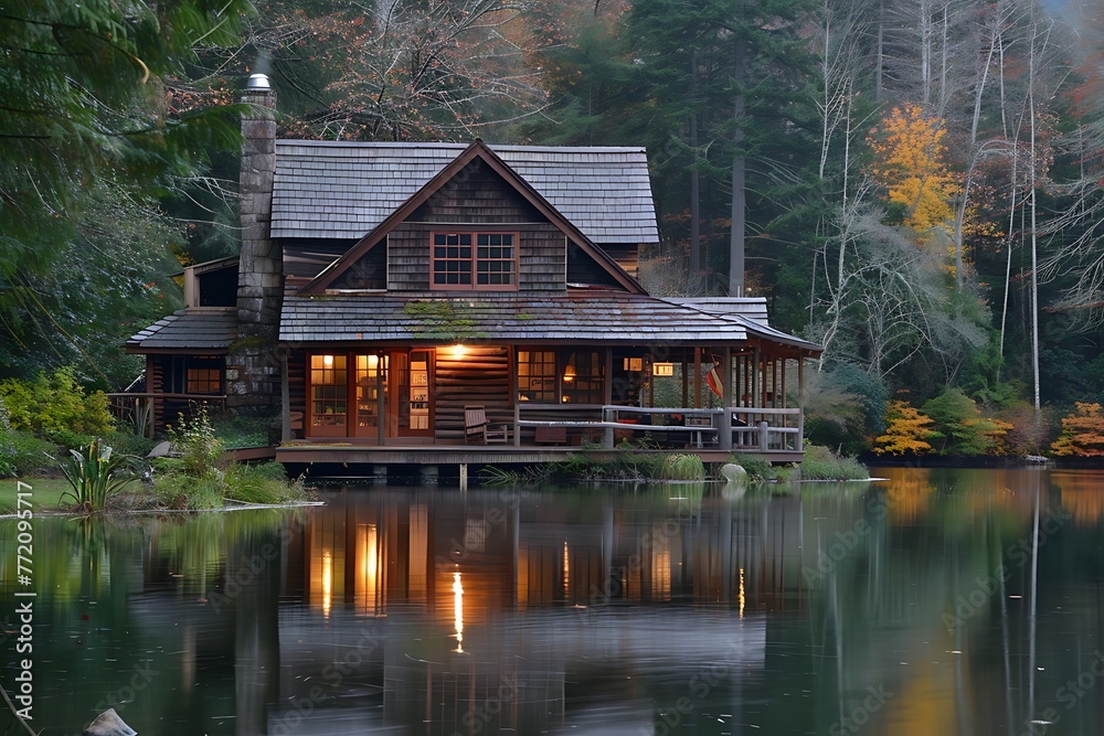 : A peaceful lakeside cabin with a cozy interior, a rustic exterior, and a tranquil setting