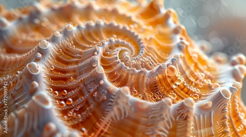 A spiral shell with bubbles on it. The shell is orange and white