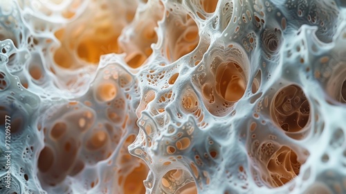 The image is a close up of a white and orange object with many holes. The object appears to be a bone or a piece of tissue, and the holes give it a spiky, textured appearance