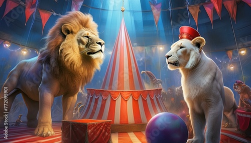 A clown, lion and elephant in a circus performing an act, concept art, AI Generated © Muhammad