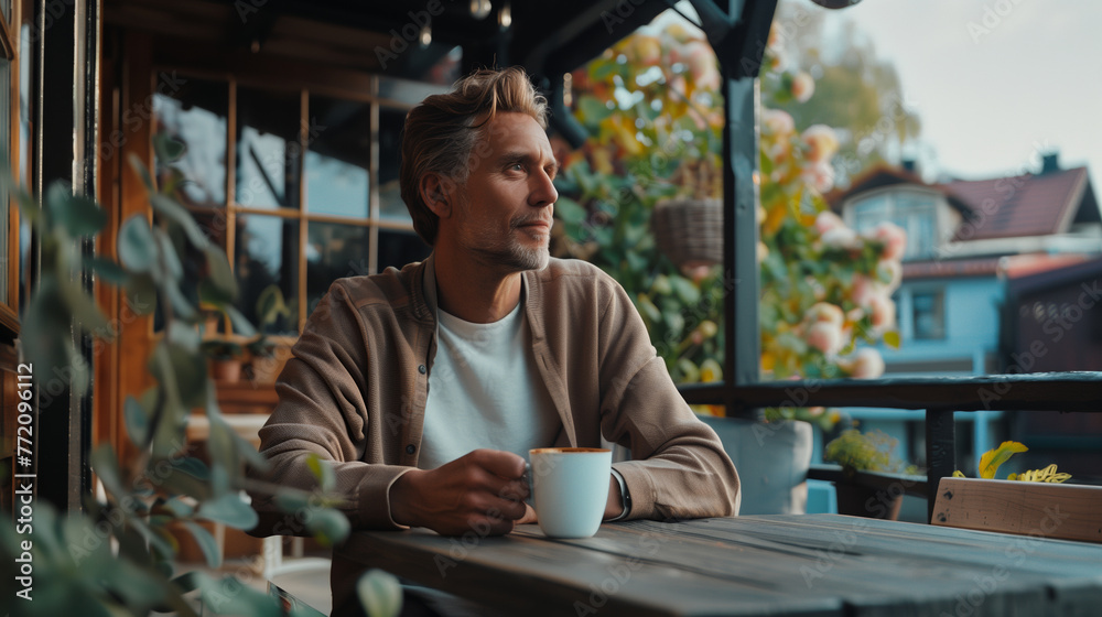 Man enjoying a cup of coffee on a cozy veranda, contemplating Man enjoying a cup of coffee on a cozy veranda, contemplating