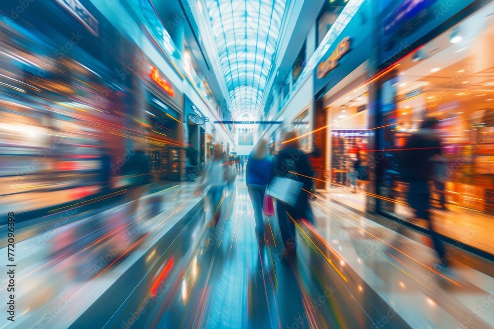 Modern shopping mall with blurred shoppers walking, abstract motion blur with shopping bags