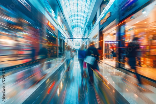 Modern shopping mall with blurred shoppers walking, abstract motion blur with shopping bags © Sergej Gerasimov