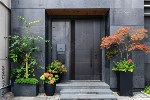 Modern black front door with potted plants on the facade of a contemporary building