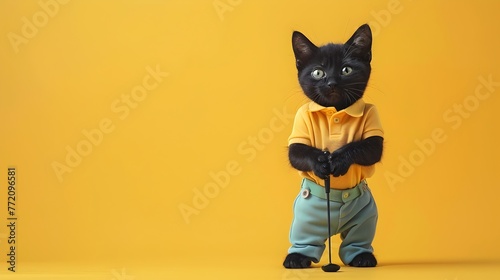 Surreal of a Black Cat Playing Golf in Miniature Golfing Attire on a Vivid Yellow Background © vanilnilnilla