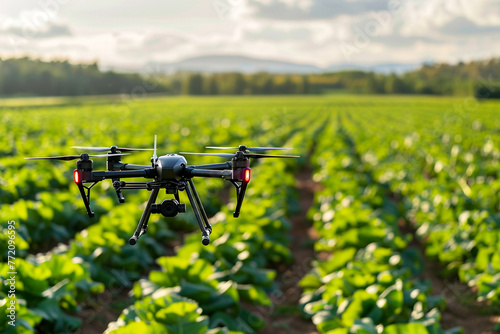 An advanced agricultural scene where drones and robots apply plant biotechnology techniques for crop enhancement, in a precision farming setup
