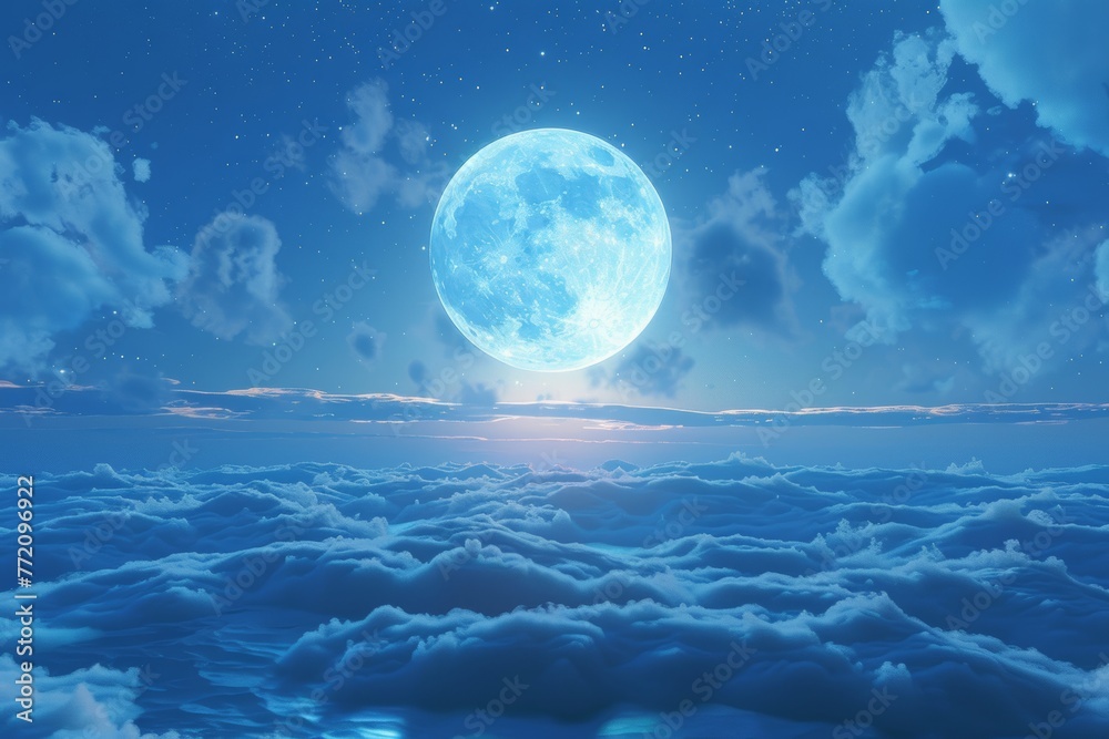 Tranquil night. full moon rises above peaceful sea with clouds reflecting on calm waters