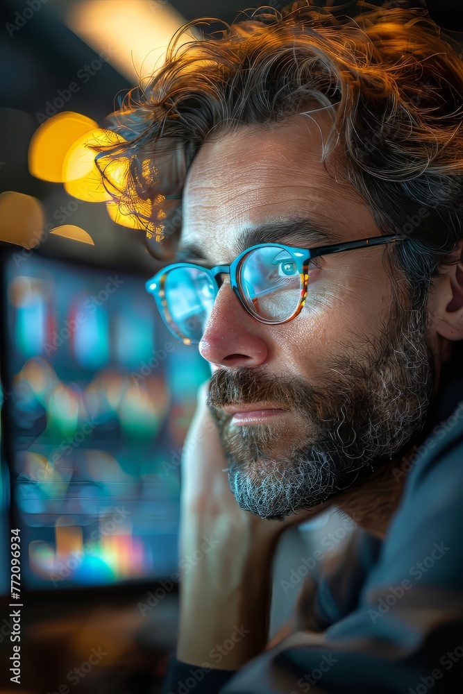 A focused individual analyzing complex data on multiple computer monitors in a financial office. A focused individual analyzing complex data on multiple computer monitors in a financial office.