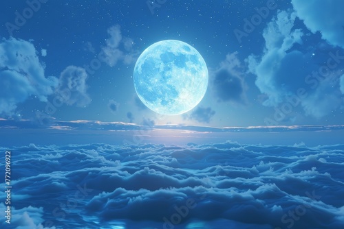Tranquil night. full moon rises above peaceful sea with clouds reflecting on calm waters
