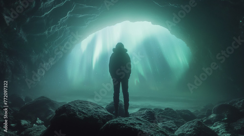 Back view of unrecognizable traveler standing in cave and admiring green majestic polar lights during trip through iceland.